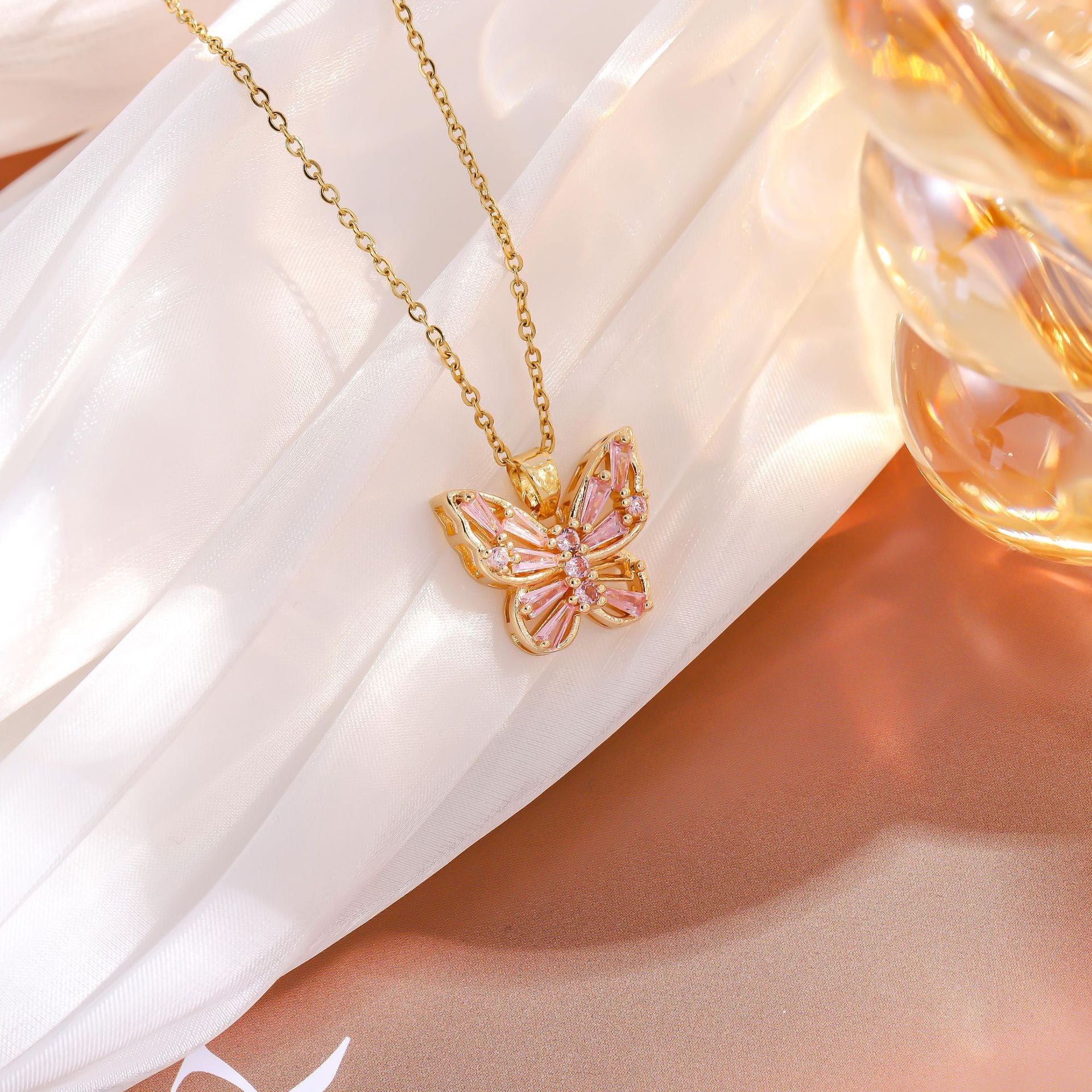 Wholesale Hollow Zircon Butterfly Copper Gold Plated Necklace